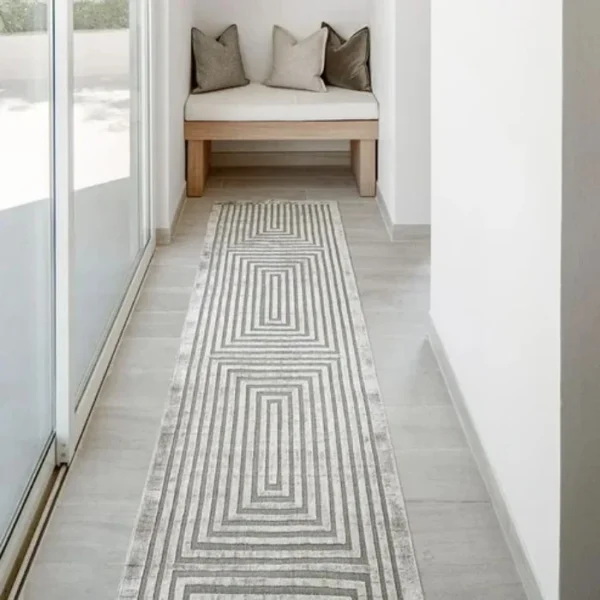 3D Lines Patterned Silver Runner Rug