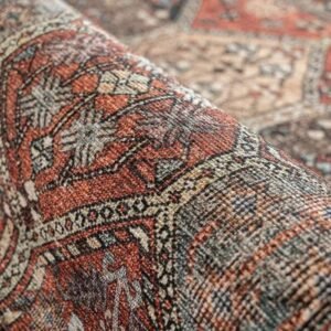 Rust-colored rug with vintage ceramic patterns