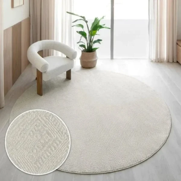 Beige Fuzzy Patterned Round Rugs