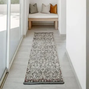 Beige Traditional Faded Patterned Black Runner Rug