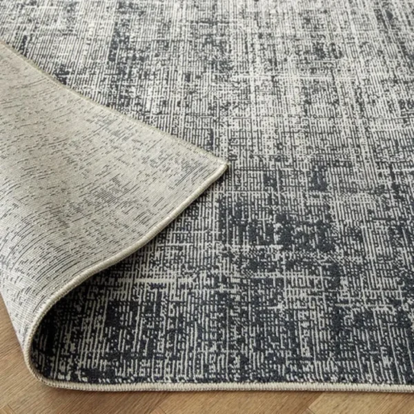 Blue fuzzy rug in living room