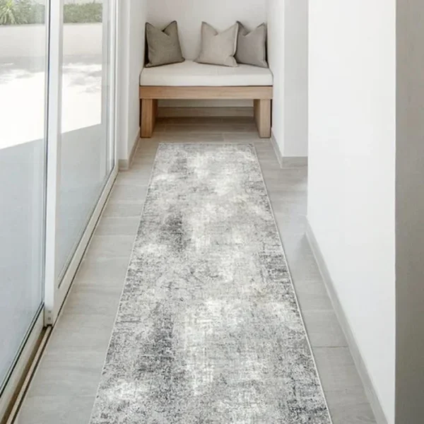 Blurred Grey Abstract Patterned Runner Rug