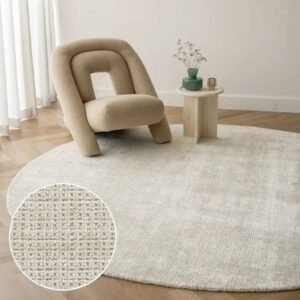 Bold grid textured rug on wooden floor