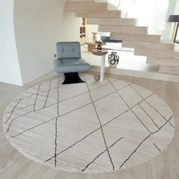 Charcoal Narrow Lines Geometric Ivory Round Rug