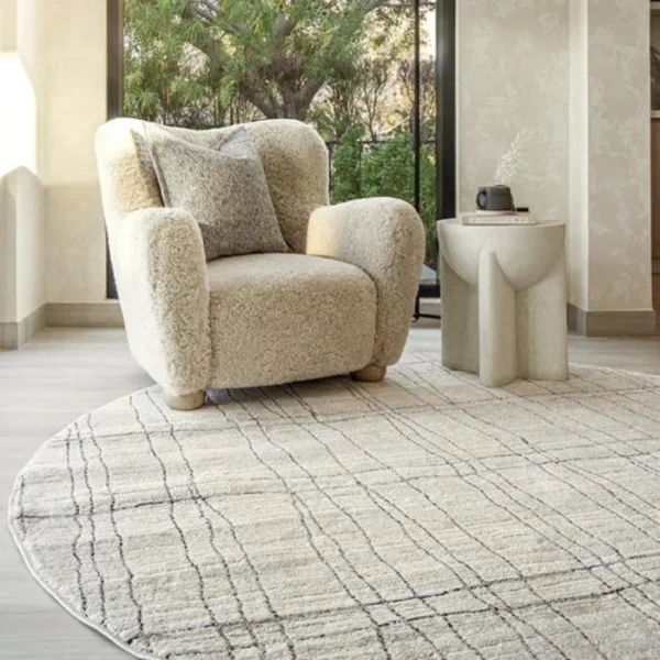 Charcoal Wavy Grid Textured Beige Round Rug