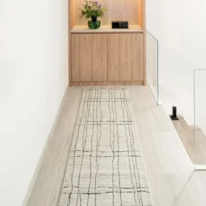 Charcoal Wavy Grid Textured Beige Runner Rugs
