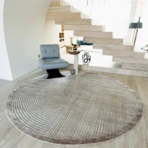 Curves and Straight Lines Patterned Silver Round Rug