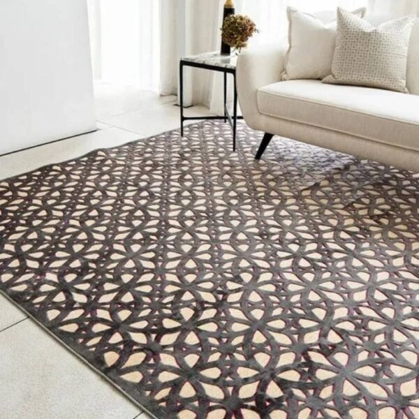 Rug featuring light beige and purple patterns