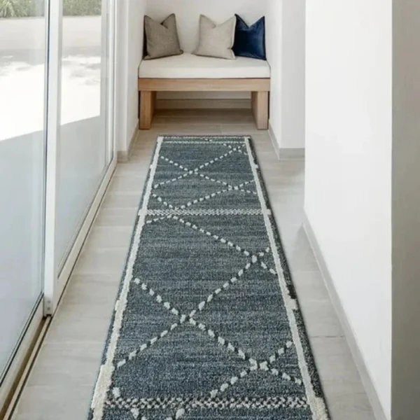 Denim Blue Diamond Line Runner Rugs