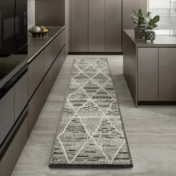 Diamond Charcoal Patterned Runner Rugs