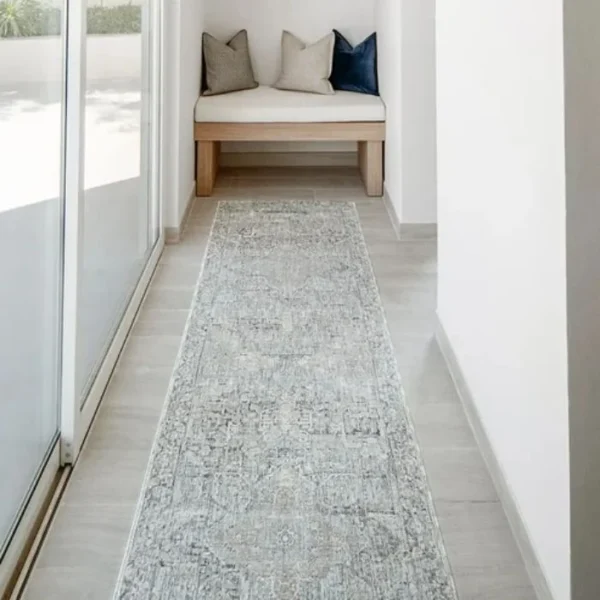 Distressed Blue Grey Traditional Runner Rug