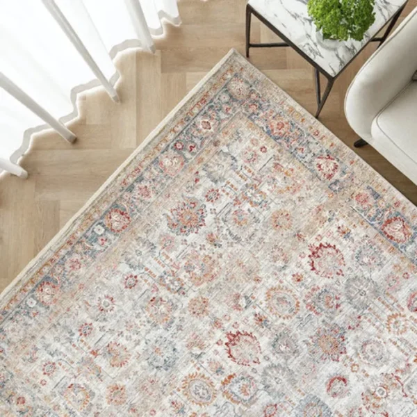 Distressed boho rug under dining table