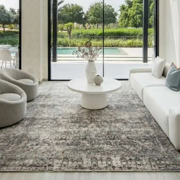 Distressed grey rug in living room