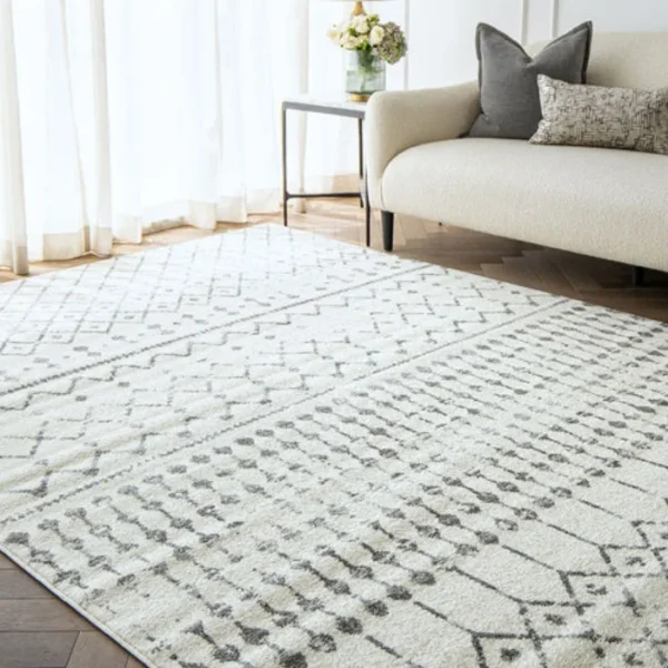 Durable white grey folk patterned rug