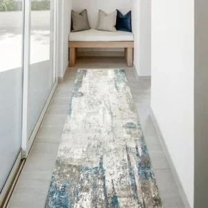 Faded Abstract Pattern Blue Runner Rug