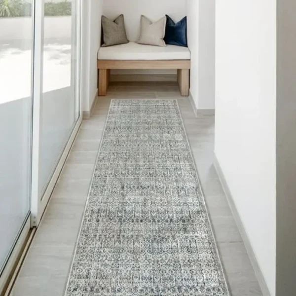 Faded Traditional Patterned Cream and Gold Runner Rug