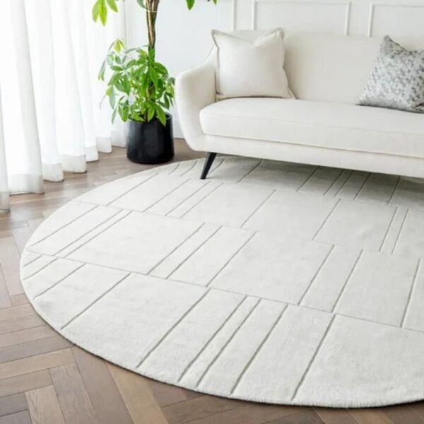 Geometric Textured White Round Rug