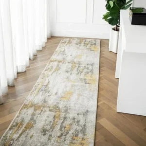 Gold And Light Grey Abstract Runner Rugs