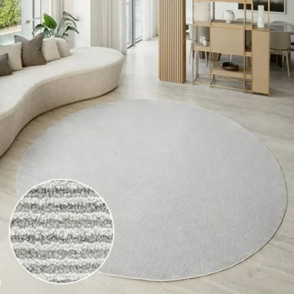 Grey Narrow Textured Stripes Round Rug