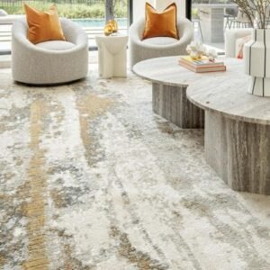 Modern abstract rug with grey and gold tones