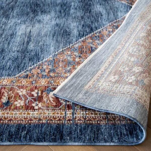Rug with navy blue and red tones