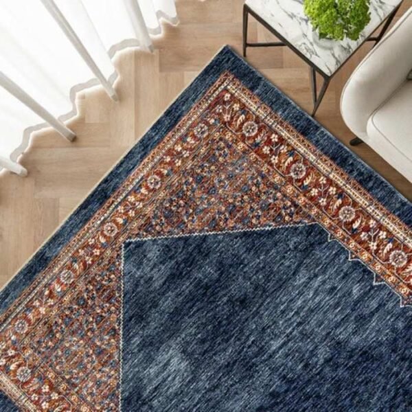 Ornate area rug with red and blue mix