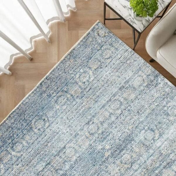 Blue area rug styled in lounge