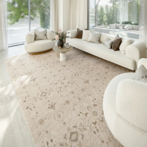Beige rug styled in clean space