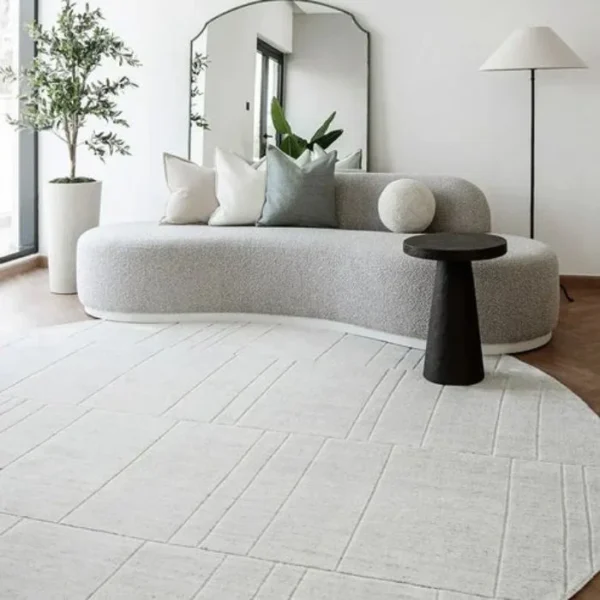 Solid Light Grey With Tufted Lines Round Rug