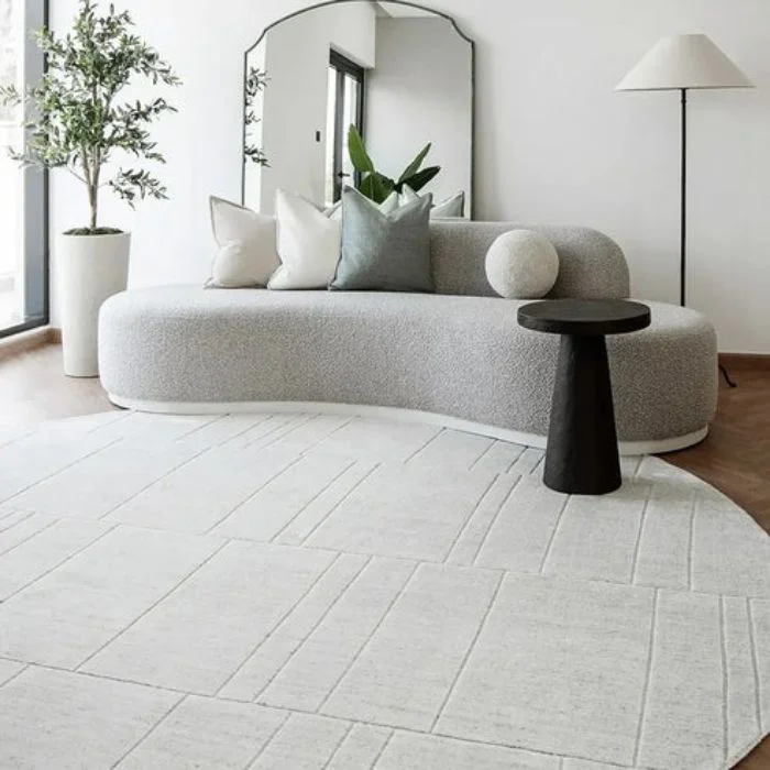 Solid Light Grey With Tufted Lines Round Rug