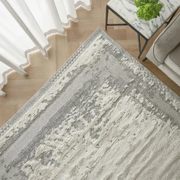 Beige rust abstract rug in dining space