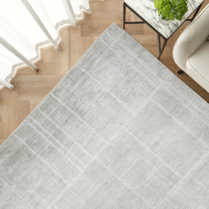 Grey line rug in dining room