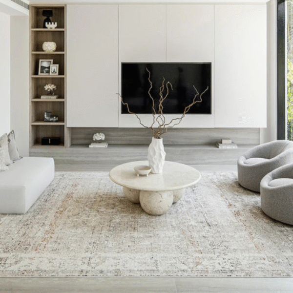 Distressed area rug in neutral palette