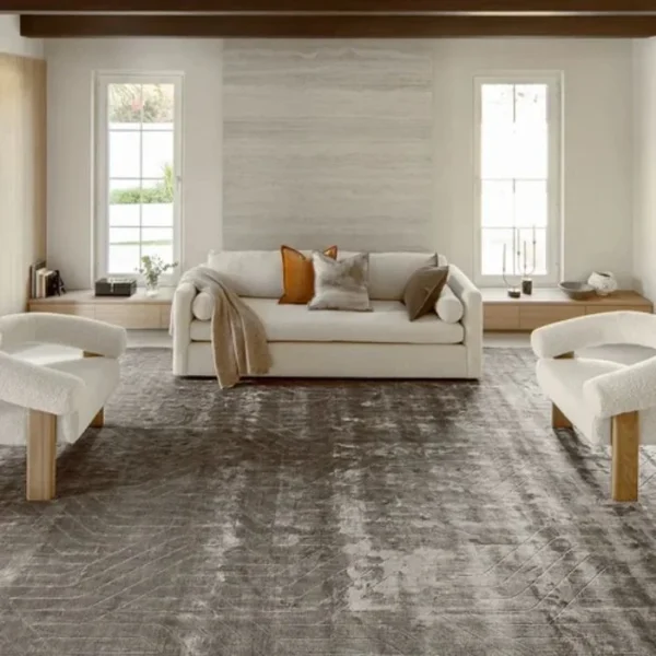 Taupe line pattern rug in room
