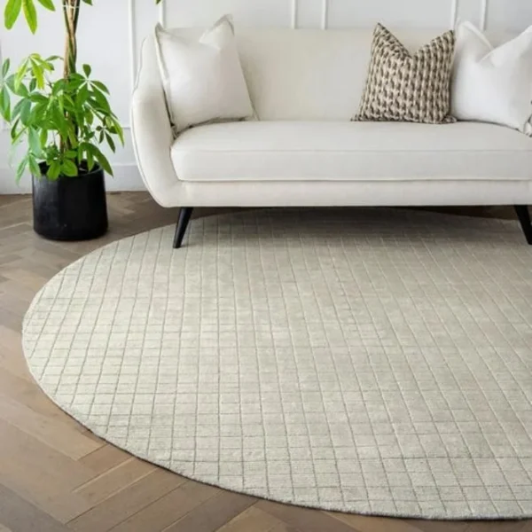 Textured Grid Patterned Beige Round Rug