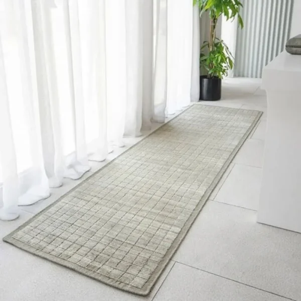 Textured Grid Patterned Beige Runner Rug