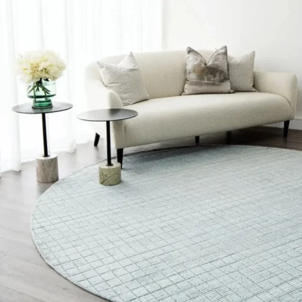 Textured Grid Patterned Blue Round Rug