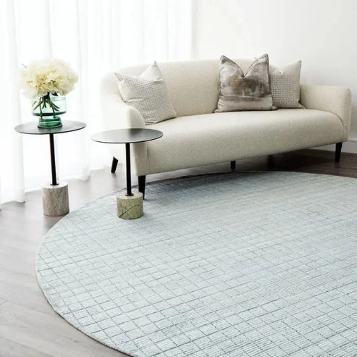 Textured Grid Patterned Blue Round Rug