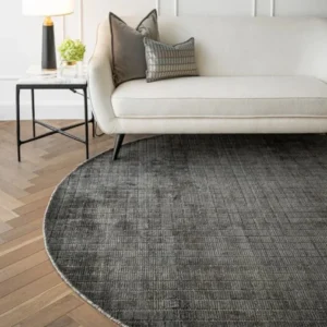 Textured Grid Patterned Dark and Light Grey Round Rug