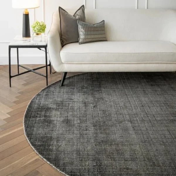 Textured Grid Patterned Dark and Light Grey Round Rug
