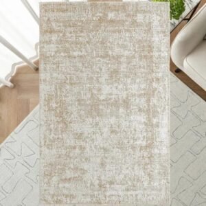Overhead view of faded abstract rug