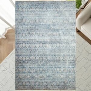 Overhead view of blue distressed rug