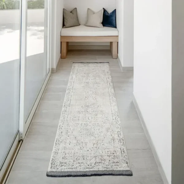Traditional Faded Patterned Grey and Beige Runner Rug