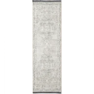 Traditional Faded Patterned Grey and Beige Runner Rug image 2