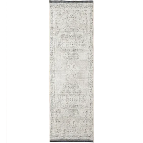 Traditional Faded Patterned Grey and Beige Runner Rug image 2