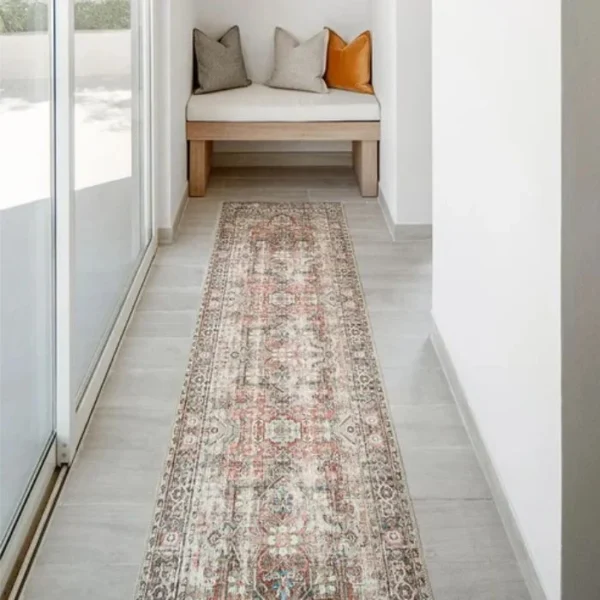 Traditional Medallion Patterned Beige Runner Rugs