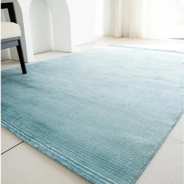 Turquoise striped rug in room