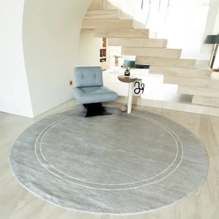 White Bordered Grey Round Rug