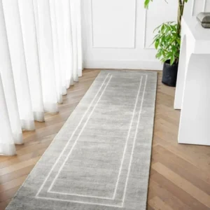 White Bordered Grey Runner Rug