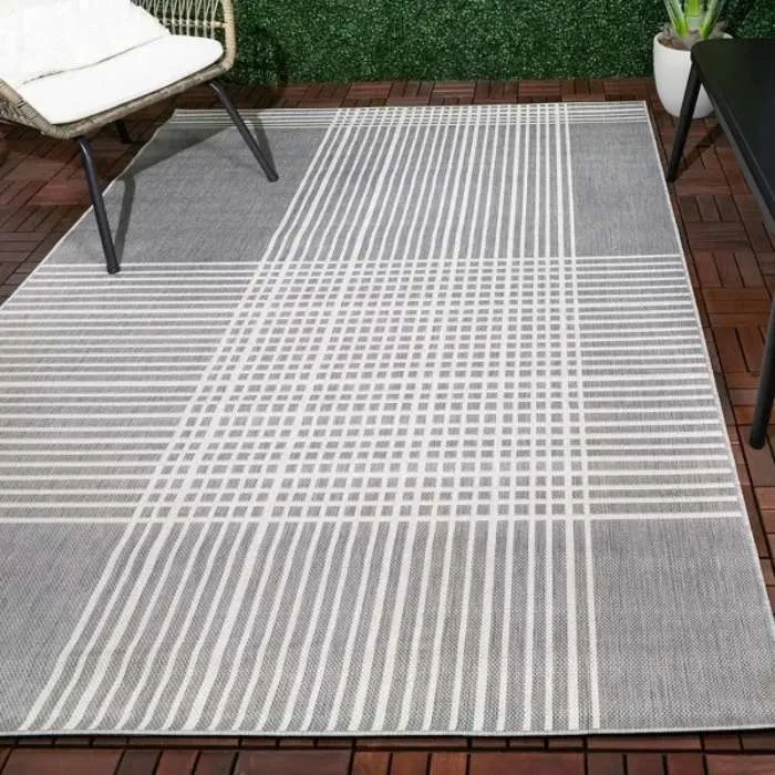 Plaid Gray Outdoor Rug